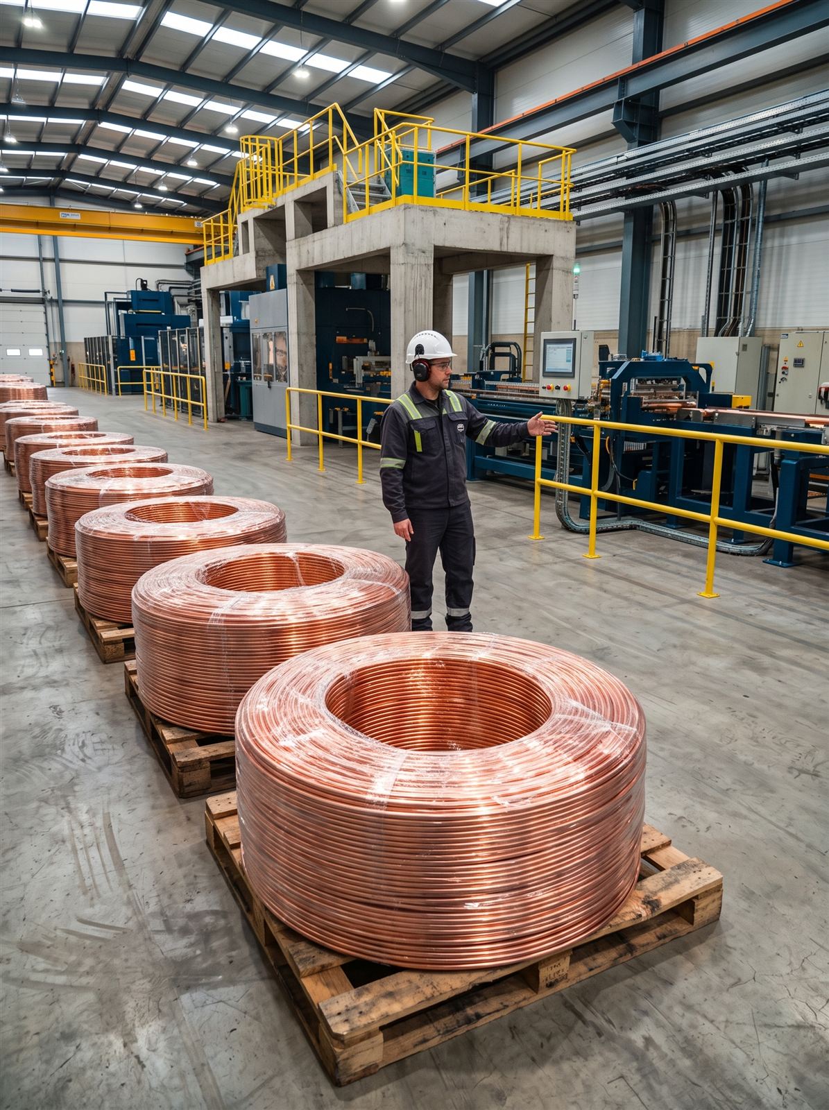 Coils of oxygen-free copper rod on pallets at the Zermetal plant