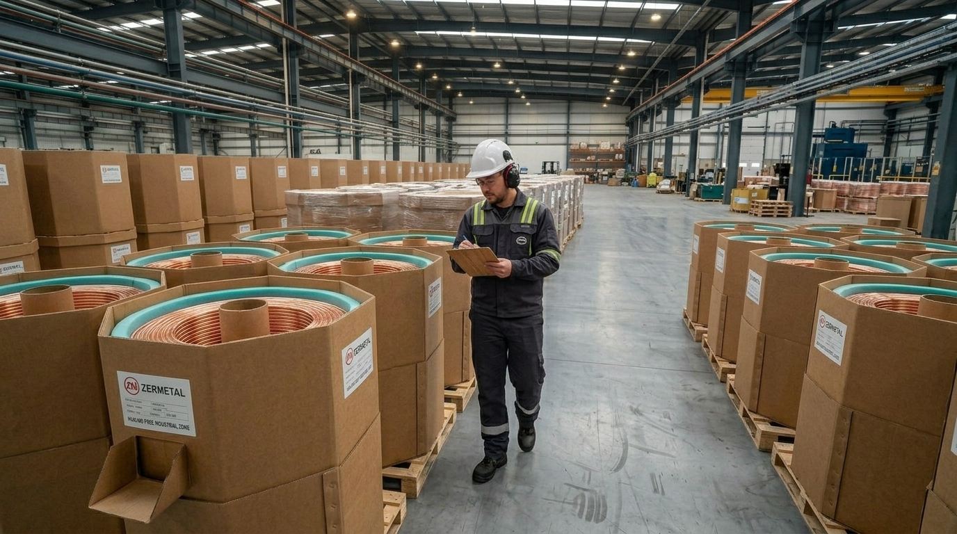 Copper wire coils packed in Zermetal cartons, ready for shipment